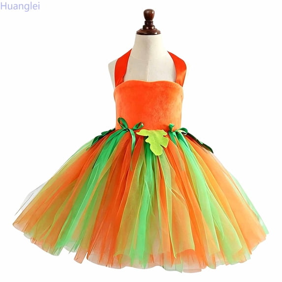 Huanglei Halloween Pumpkin Puff Sleeve Dress For Girls With Headband Party Performance Kids (D)