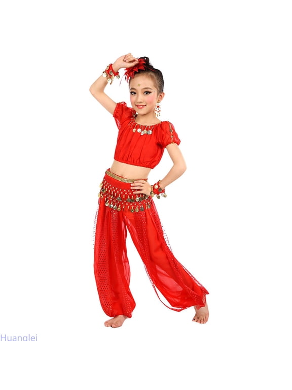 Handmade Children Girl Belly Dance Kids Belly Dancing Dance Cloth Summer/Winter Outfits ,4-5 Years ,Red