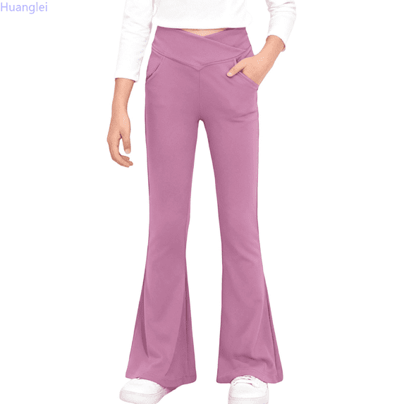 Huanglei High Waist Flared Yoga Pants For Girls Bootcut Leggings Teen Dance Workout Trousers Stretchy Athletic Wide Leg Bottoms Loose Bottom Trousers 13-14 Years