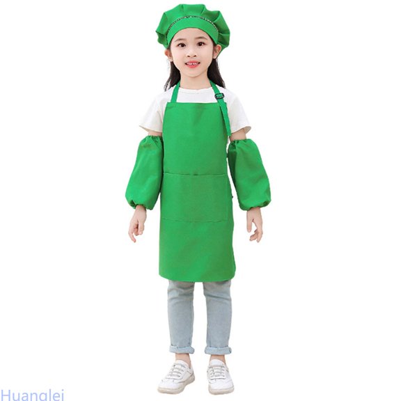 Huanglei Kid Art Smock Solid Color Apron Sleeve And Hat Three Piece Set For Children Printed Artist Painting Aprons Smocks With Long Sleeve Crew Neck Tops ,3-6 Years ,Green