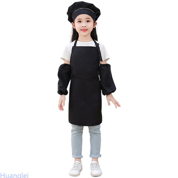 Huanglei Kid Art Smock Solid Color Apron Sleeve And Hat Three Piece Set For Children Printed Artist Painting Aprons Smocks With Long Sleeve Crew Neck Tops ,3-6 Years ,Black