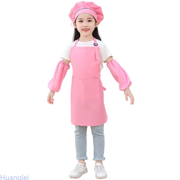 Huanglei Kid Art Smock Solid Color Apron Sleeve And Hat Three Piece Set For Children Printed Artist Painting Aprons Smocks With Long Sleeve Crew Neck Tops ,3-6 Years ,Pink