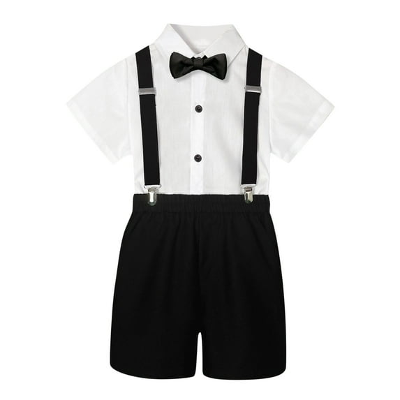 Huanglei Kids Boys Summer British Style Short Sleeved Shirt Suspenders Shorts Bow Tie 4PC Children Performance Suit