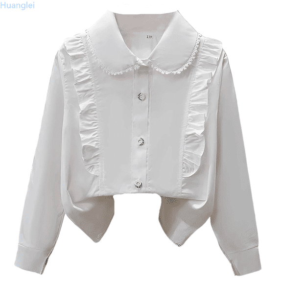 Huanglei Kids Girls Long Sleeve Party Blouses Kids Elegant Ruffled Button Down Shirts School Tops Girl Basic T-Shirts 15-16 Years
