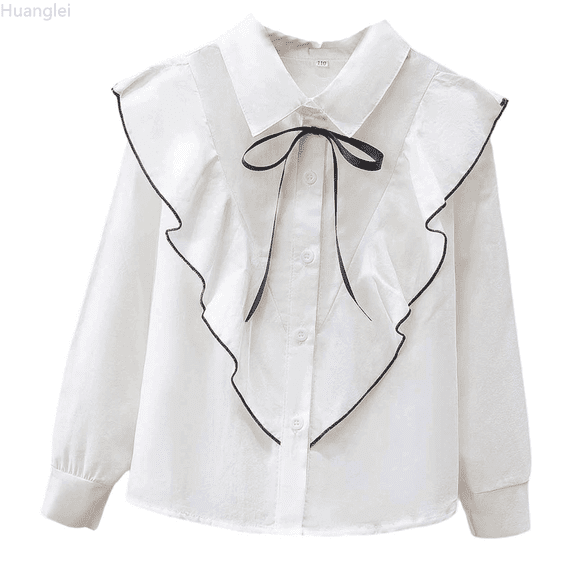 Huanglei Kids Girls Long Sleeve Party Blouses Kids Elegant Ruffled Button Down Shirts School Tops Soft Cotton Tees 13-14 Years