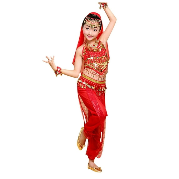Huanglei Kids Indian Belly Dance Girls Costume Halloween Performance Sets Solid Color Outfits Set 11-12 Years