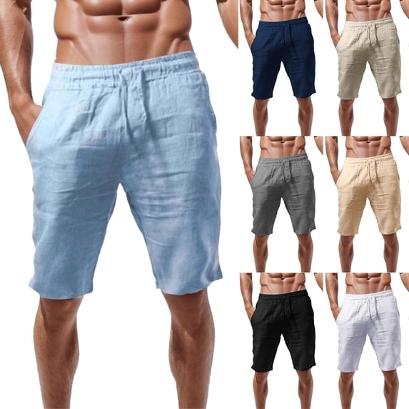 Huanglei Men's Casual Shorts ,Casual Summer Shorts Linen Blend Elastic Waist With Pockets Loose Fit (Yellow ,Large)
