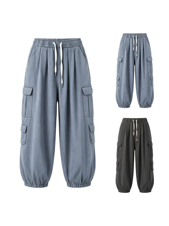 Mens Drawstring Waist Pants ,Casual Pants With Three Patch Pockets Denim Style Relaxed Fit Straight Leg Trousers Everyday Wear (Gray ,Large)