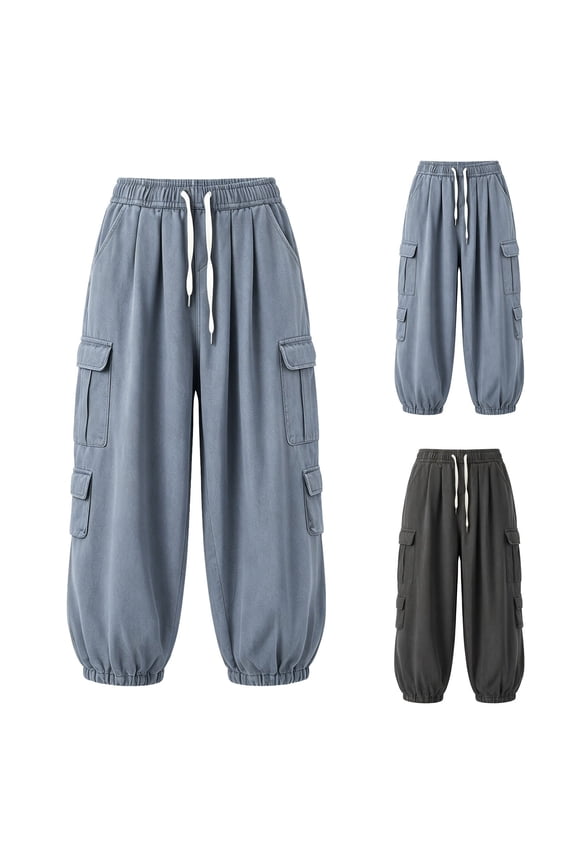 Mens Drawstring Waist Pants ,Casual Pants With Three Patch Pockets Denim Style Relaxed Fit Straight Leg Trousers Everyday Wear (Gray ,Small)