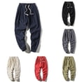 thumbnail image 1 of Huanglei Mens Drawstring Waist Pants ,Summer Men's Solid Color Large Size Loose Cotton Linen Nine Minute Pants Harlan Casual (Gray ,Medium), 1 of 5