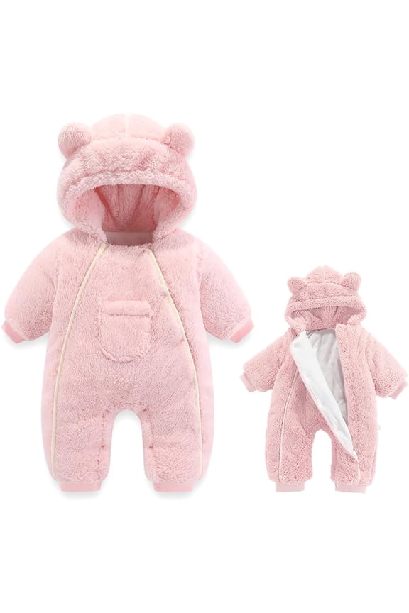 Newborn Baby Bear Romper Outfit Suit Girls Boys Fleece Thick Jumpsuit Romper Hooded Coat Winter Warm Clothes Outwear Snowsuit ,0-3 Months ,Pink