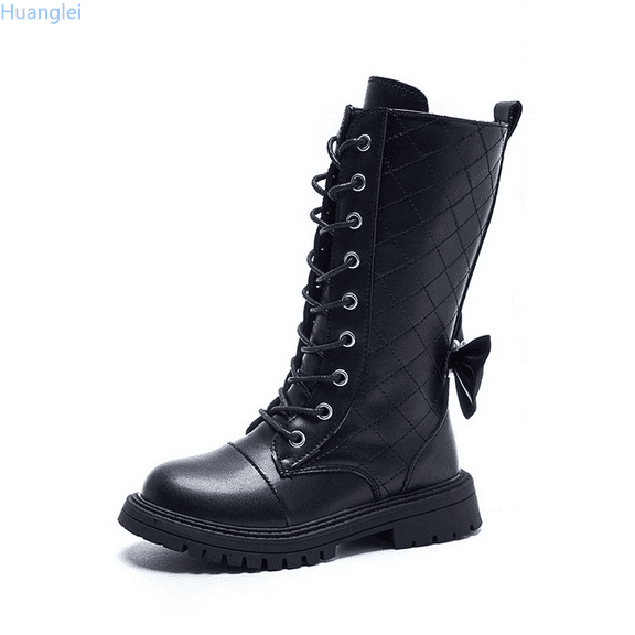 Huanglei Soft Sole High Top Boots For Girls With Style Ribbon Detail Long Leather Boots Girls Cowgirl Boots 4-4.5 Years