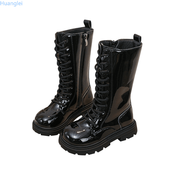 Huanglei Stylish Girls Boots With Side Zipper And Lace Up Design Durable Leather Mid Calf Boots For Everyday Wear Girls Riding Boots 3.5-4 Years
