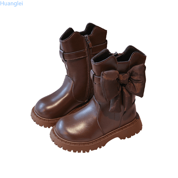 Huanglei Stylish Girls Boots With Side Zipper And Lace Up Design Durable Leather Mid Calf Boots For Everyday Wear Kid Cowboy Boots 7-8 Years