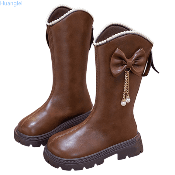 Huanglei Stylish Leather Ankle Boots For Girls With Elegant Bow Detail Casual Footwear Cowgirl Boots for Girls 6.5-7 Years