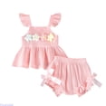 thumbnail image 1 of Huanglei Summer Baby Girls Outfit With Puff Sleeve Floral Top And Bow Tailored Shorts For Cute Everyday Wear Solid Color Outfits Set ,12-18 Months ,Red, 1 of 5