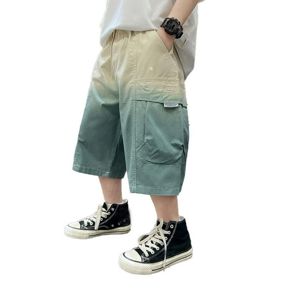Huanglei Summer Boys' Medium Sized Slim Fit Pants With Changing Colors In The Waistband Washed Fabric Pocket Workwear Style Loose Fit Thin Material Three Quarter Length