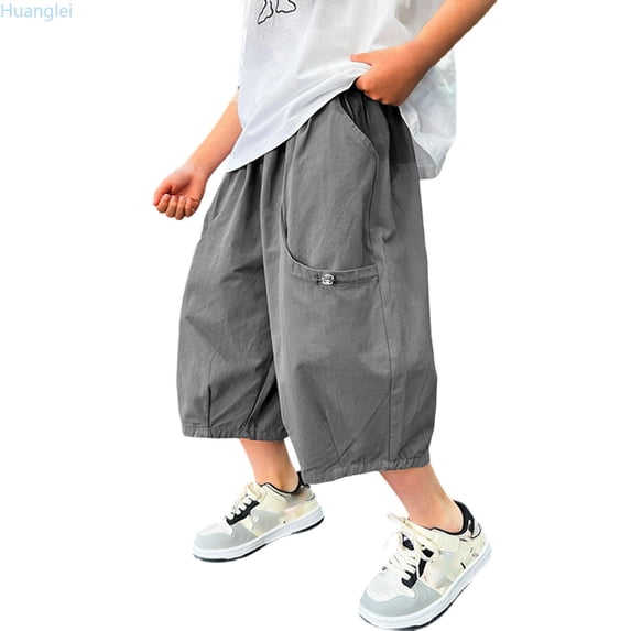 Huanglei Summer Boys' Medium Sized Solid Color Casual Capri Pants With Functional Adjustable Large Pockets And A Slim Style Capri Pants Boys Sweatpants