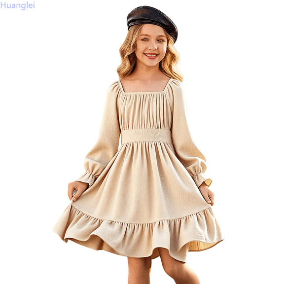 Huanglei Summer Girls Square Neck Flutter Sleeve Dress With Ruffle Hem Elegant Flared A Line Long Gown For And Party Wear Princess Dresses for Girls 9-10 Years