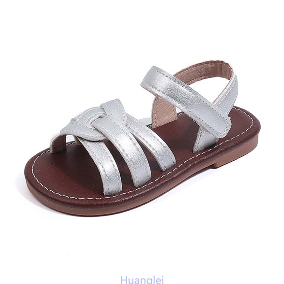 Huanglei Timeless Girls Sandals Woven Design Comfortable Soft Sole Beach Footwear For Everyday Style , Size 8.5 ,Silver