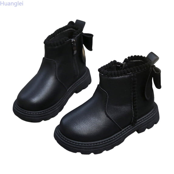 Huanglei Toddler Girls Leather Ankle Boots Back Bow Pom Side Zip Fall Boots(Black)