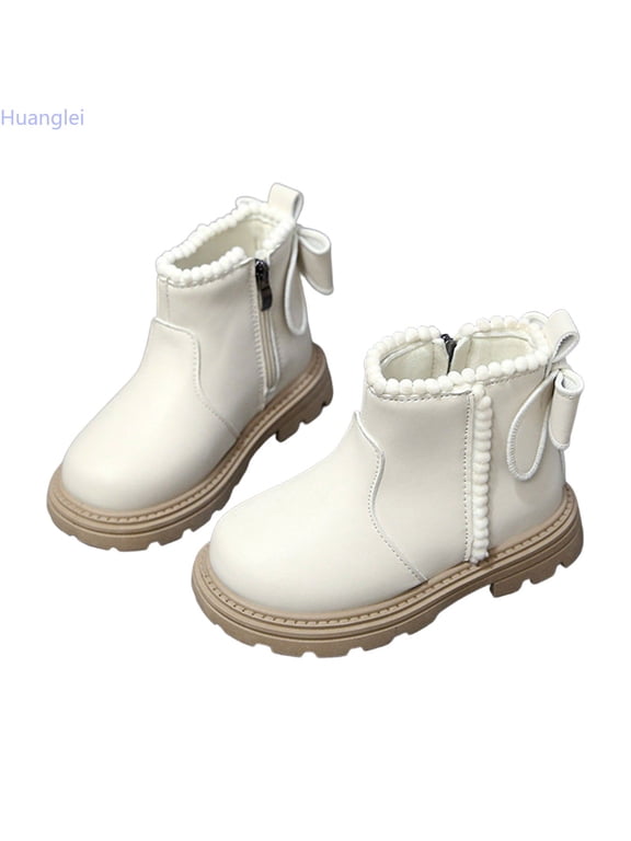 Toddler Girls Leather Ankle Boots Back Bow Pom Side Zip Fall Boots(White)