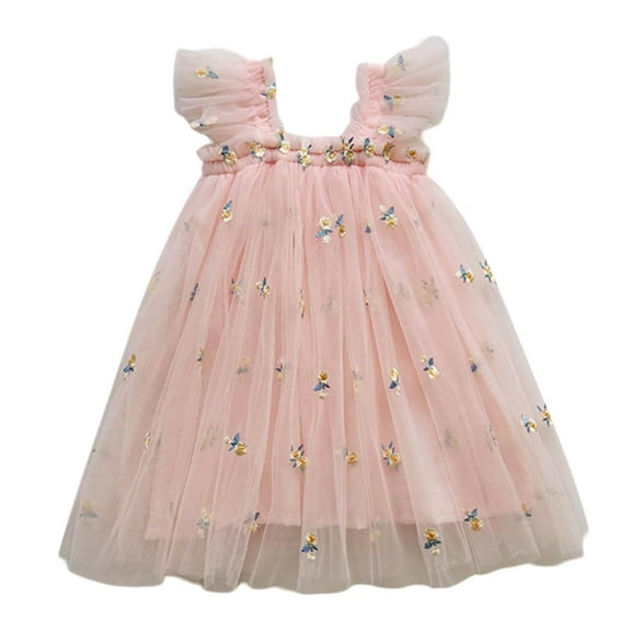 Huanglei Toddler Girls Fly Sleeves Embroider Princess Dress Dance Party Floral Dresses Clothes