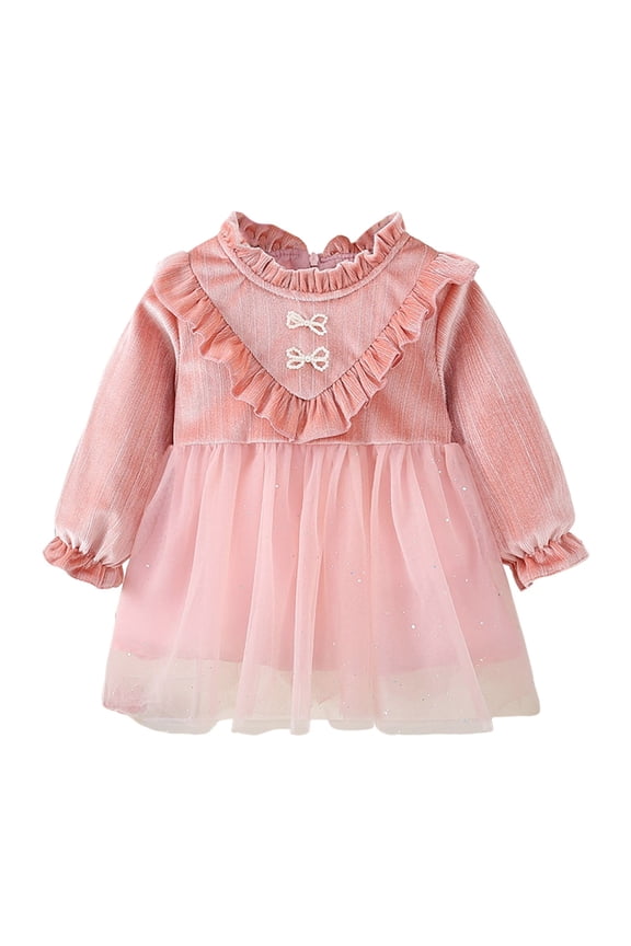 Toddler Girls Long Sleeve Bowknot Tulle Ruffles Velvet Dress Dance Party Dresses Clothes