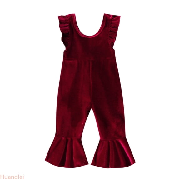 Huanglei Toddler Girls Ruffles Fly Sleeve Solid Romper Bell Bottoms Flare Jumpsuit ,6-12 Months ,Red
