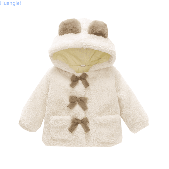 Huanglei Toddler Girls Thick Woolen Coat Winter Cute Plus Fluffy Hooded Coat Bear Ears Bow Jacket Outwear Girl Winter Coats 2-3 Years