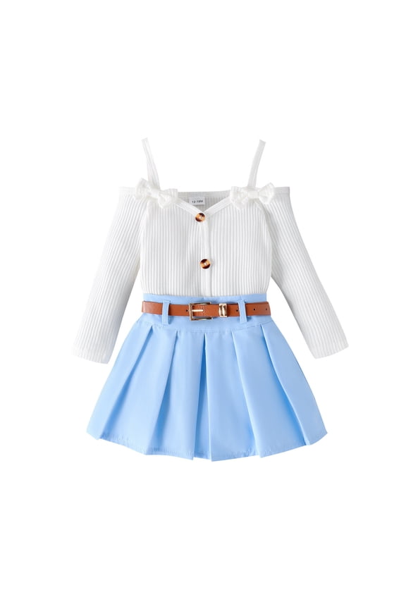 Toddler Kids Baby Girls Long Sleeve Ribbed T Shirt Tops Button Flannel Plaid Skirts 2PCS Outfits Clothes Set Solid Color Outfits Set 12-18 Months