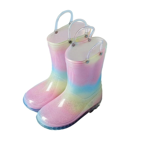 Huanglei Toddler Kids Glitter Light Up Rain Boots For Girls Rainbow Rain Shoes&Solid Color Boots With Easy On Handles