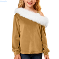 thumbnail image 1 of Huanglei Velvet Off Shoulder Top For Girls With Faux Trim Elegant Casual Blouse Soft Velour Long Sleeve Shirt Party Wear And Daily Outfits For Toddler And Fashion Kids Summer Tops 2-3 Years, 1 of 5