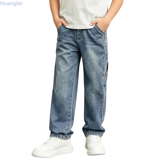 Huanglei Versatile Boys Denim Jeans For And Autumn Relaxed Straight Leg Pants With Front Pockets For Older Kids Everyday And Easy Everyday Wear ,Wide Leg Denim Pants /Size 5-6 Years(Blue)