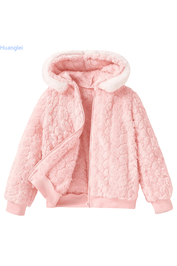 Winter Girls Fleece Hooded Jacket With Jacquard Pattern Cozy Lined Outerwear For Cold Weather Lightweight Coat 6-7 Years