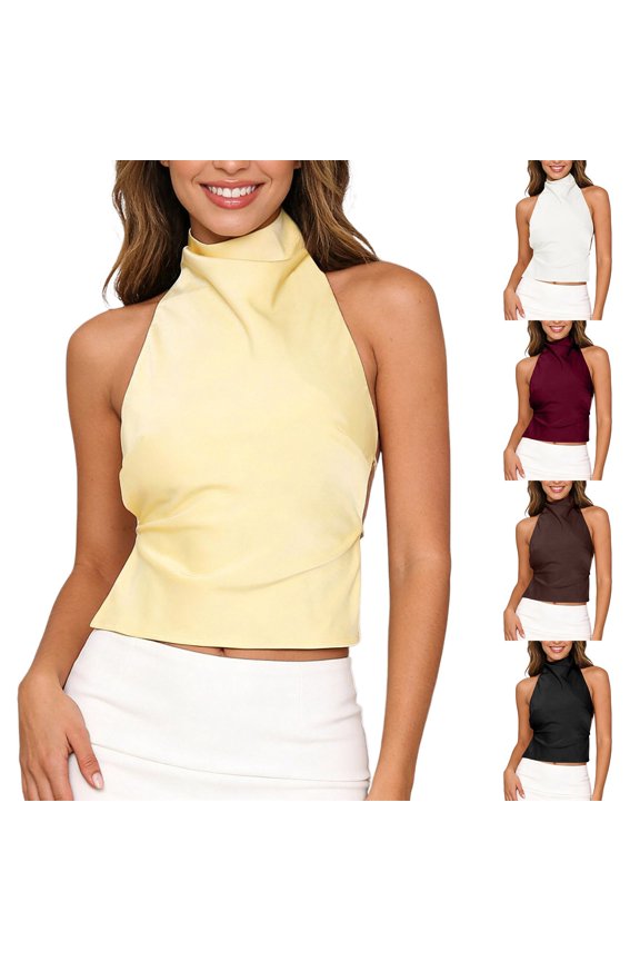 Women's Tank Top ,Halter Neck Cropped Satin BacklessFor Streetwear Versatile Wear (Beige, Large)