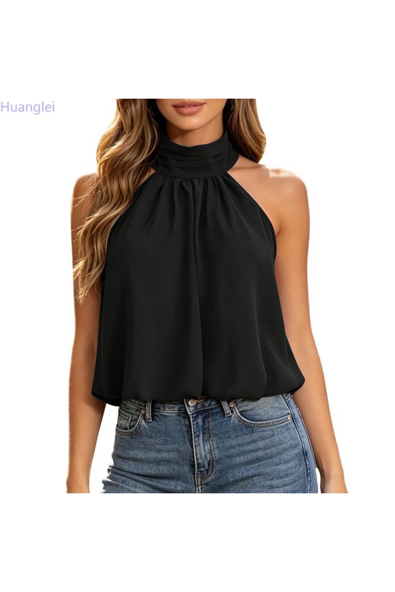 Women's Tank Top ,Halter Neck Sleek Summer Sleeveless Slim Fit Resort Backless Neckline (Black, Large)
