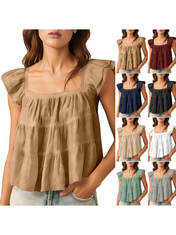 Women's Tank Top ,Ruffle Shoulder Square Neck Summer SleevelessCropped Tee Ribbed Knit Crew Neck Basic Blouse (Gray, Medium)