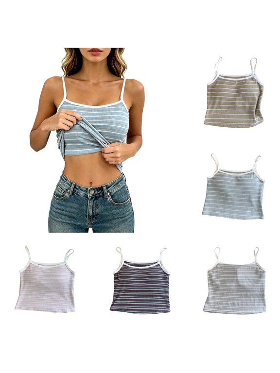 Women's Tank Top ,Spaghetti Strap Round Neck Stripes Striped Slim Fit Layering Undershirt Basic Vest (Yellow, One Size)