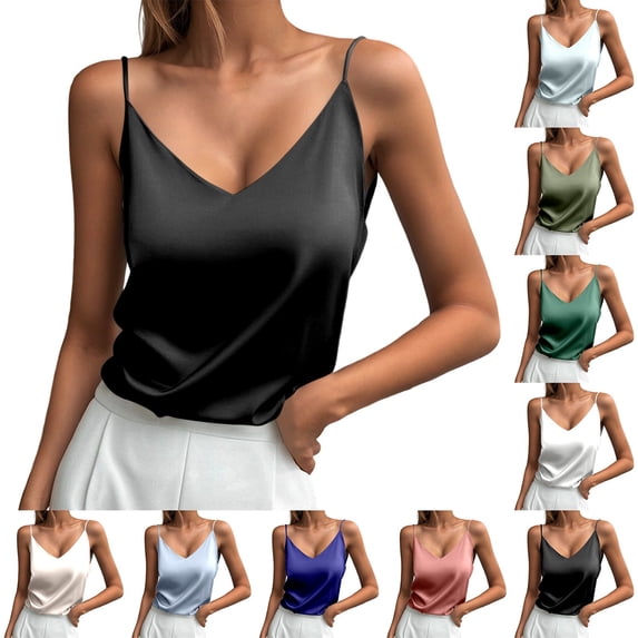 Huanglei Womens's Basic vest Spaghetti Strap V Neck Relaxed Fit Satin Going Out Basic Camisole (Green, Large)