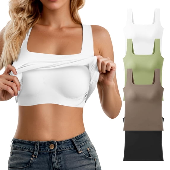 Huanglei Womens's Camisole Padded with Built-in Bra Wide Strap Round Neck Loose Layering Tank Top (Green, Large)