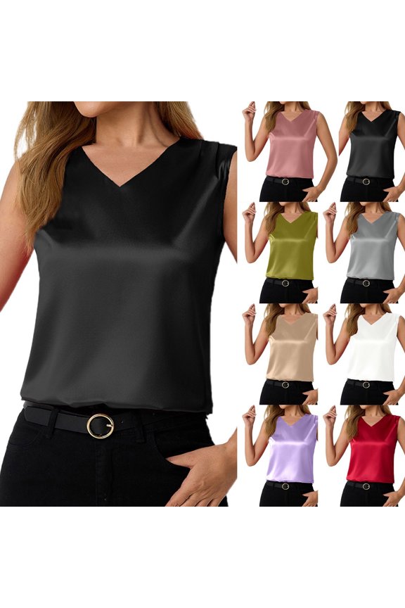 Womens's Sleeveless Top Thick Strap V Neck Loose Satin Going Out Basic vest (Pink, Small)