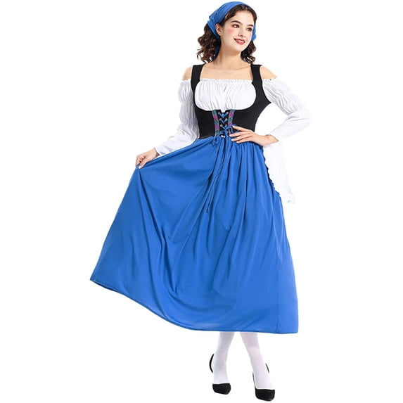 Huangx Bavarian Dirndl Dress for Women, Oktoberfest Costume with Scarf – Lace Up Apron Traditional German Dress Blue M
