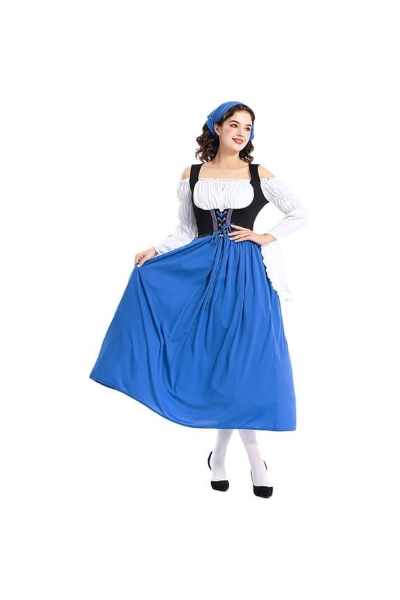 Bavarian Dirndl Dress for Women, Oktoberfest Costume with Scarf – Lace Up Apron Traditional German Dress Blue S