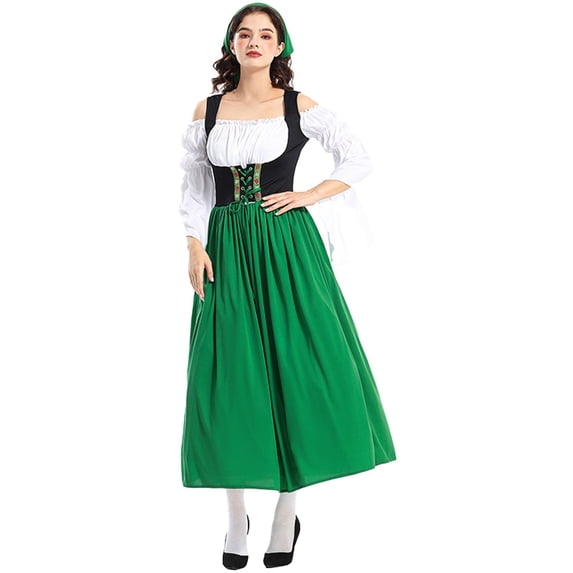 Huangx Bavarian Dirndl Dress for Women, Oktoberfest Costume with Scarf – Lace Up Apron Traditional German Dress Green L