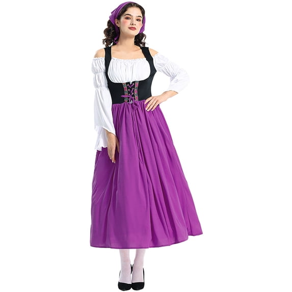 Huangx Bavarian Dirndl Dress for Women, Oktoberfest Costume with Scarf – Lace Up Apron Traditional German Dress Purple S