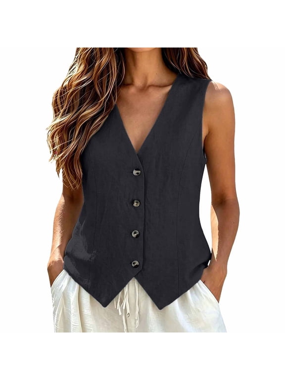 Vest Tops for Women Summer Cotton Linen Sleeveless Dressy Casual Button down V Neck Waistcoat Vests Black XL