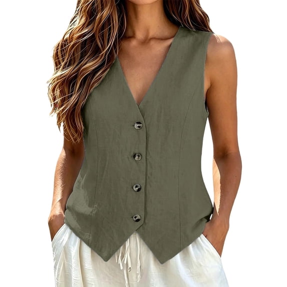Huangx Vest Tops for Women Summer Cotton Linen Sleeveless Dressy Casual Button down V Neck Waistcoat Vests Green M