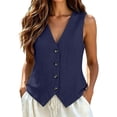 thumbnail image 1 of Huangx Vest Tops for Women Summer Cotton Linen Sleeveless Dressy Casual Button down V Neck Waistcoat Vests Navy S, 1 of 5