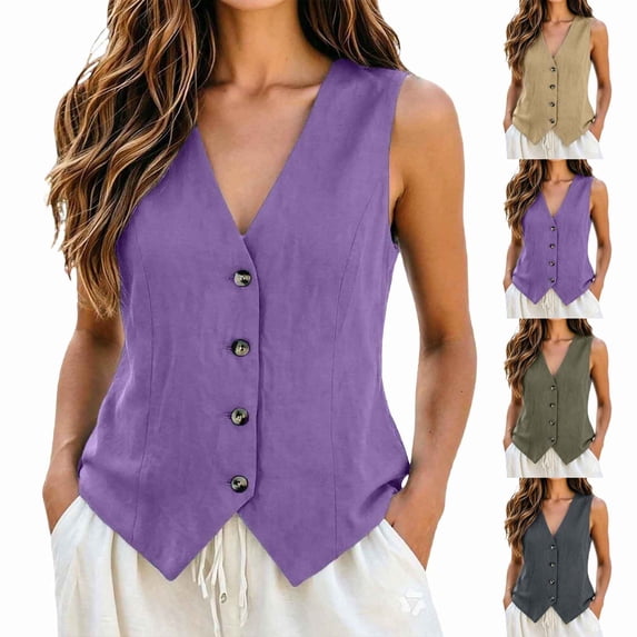Huangx Vest Tops for Women Summer Cotton Linen Sleeveless Dressy Casual Button down V Neck Waistcoat Vests Purple L